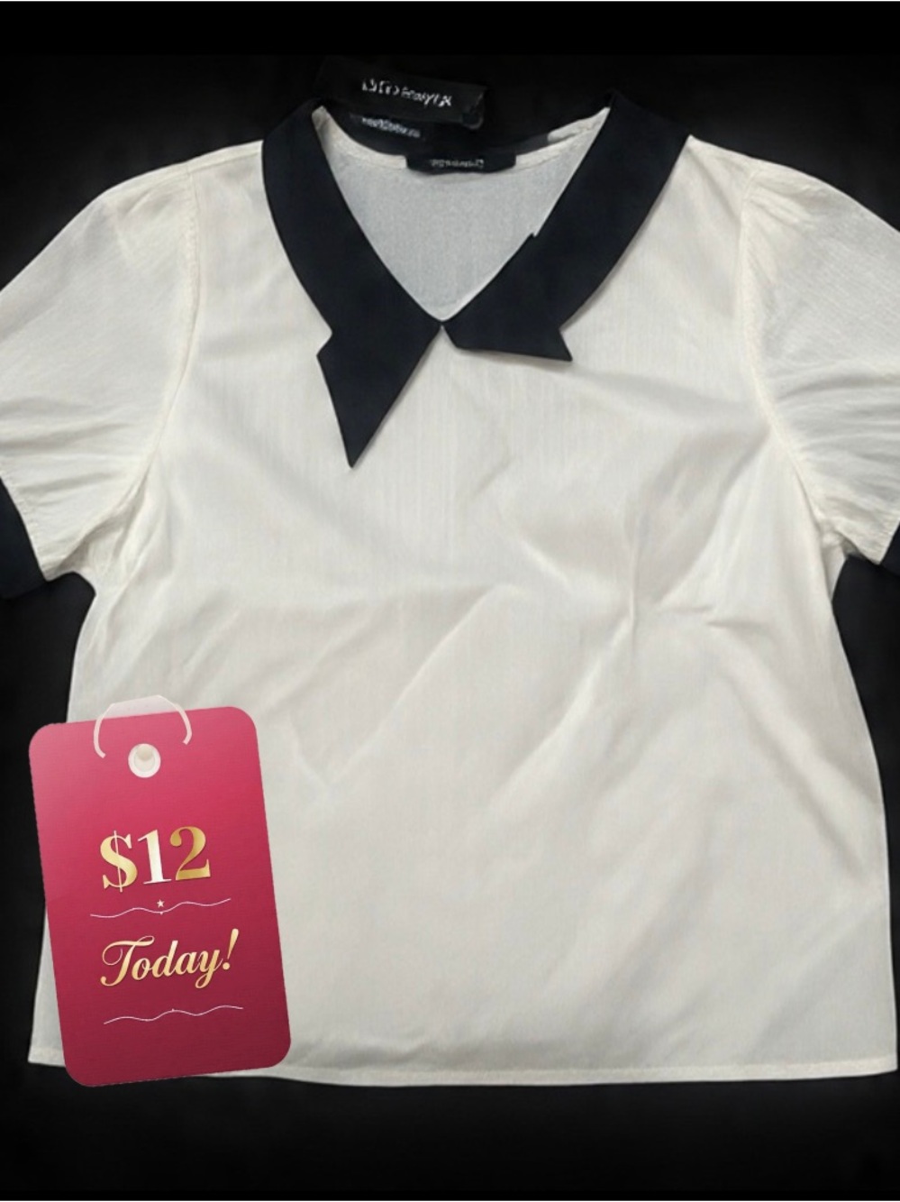 🍓Ladies White blouse, Black Trim Collar 100% Cotton XL🍓
